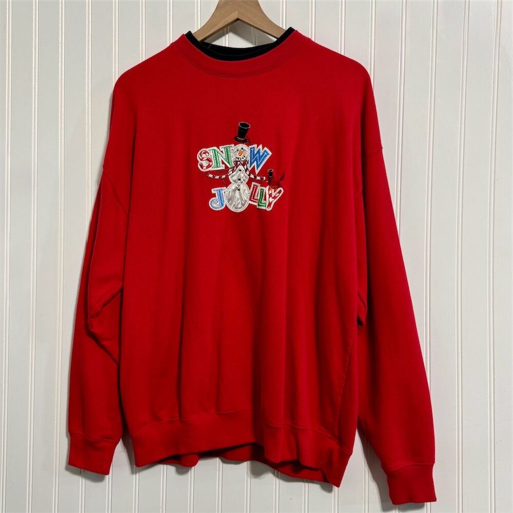 MG Sportswear 1X Red Christmas Sweatshirt Embroidered Snowman Snow Jolly Holiday